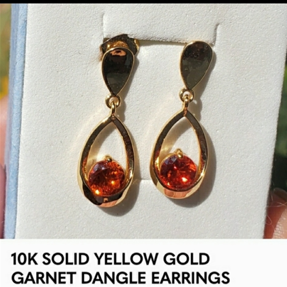 10k Solid Yg Garnet Dangle Earrings - image 1